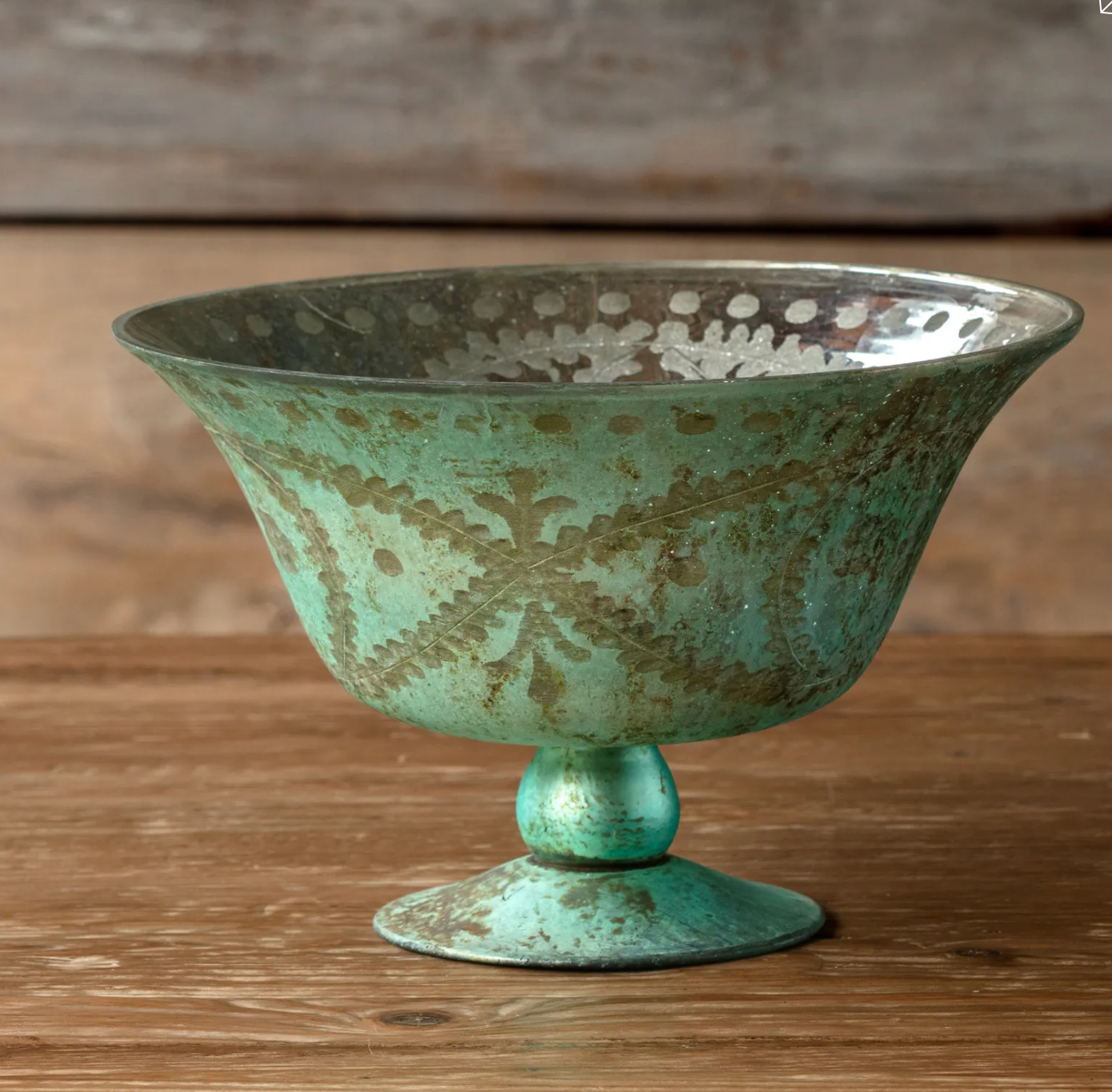 ANTIQUE FRENCH BLUE ETCHED COMPOTE